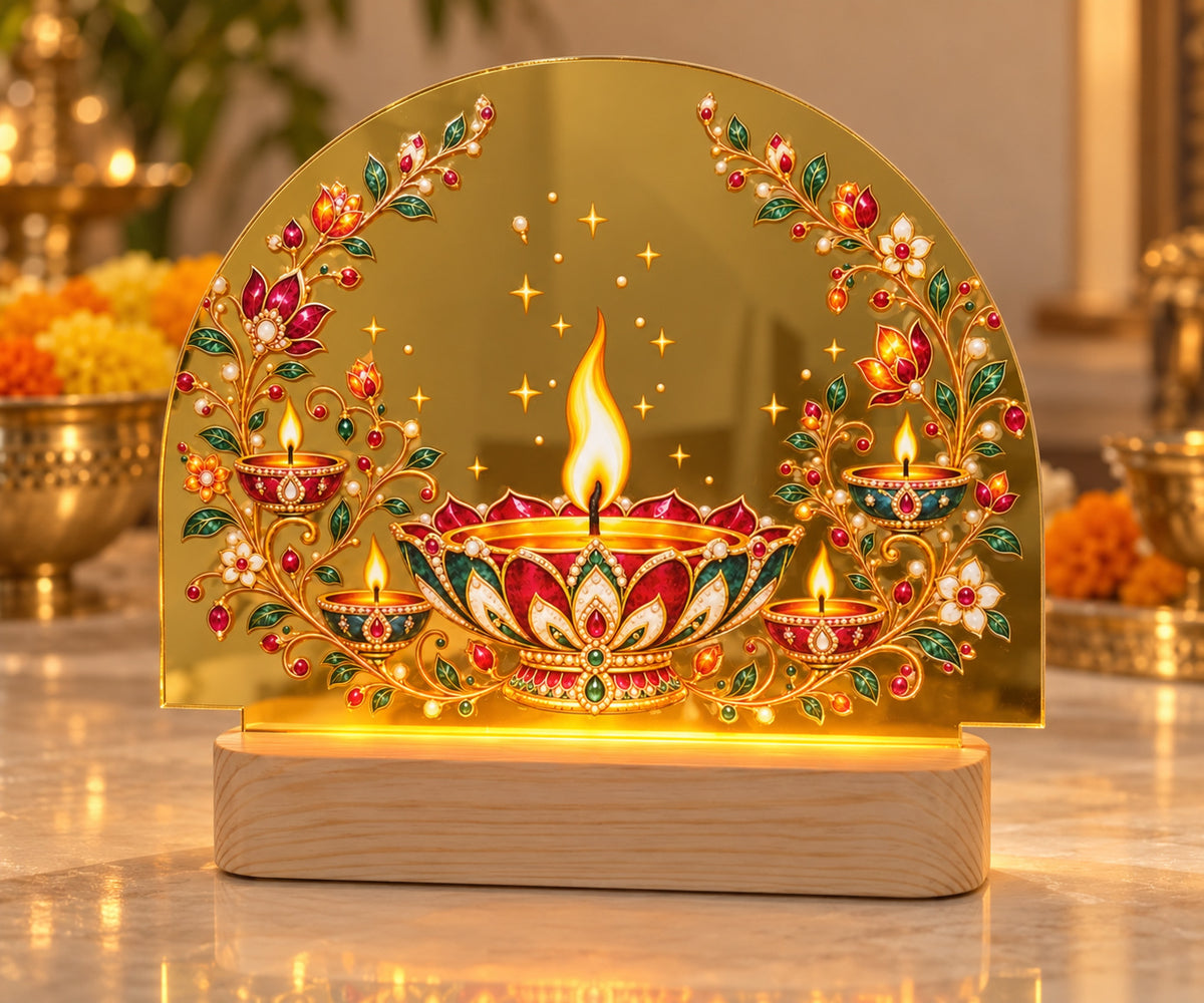 Illuminated diya tabletop decor with colourful floral motifs and a wood-look base