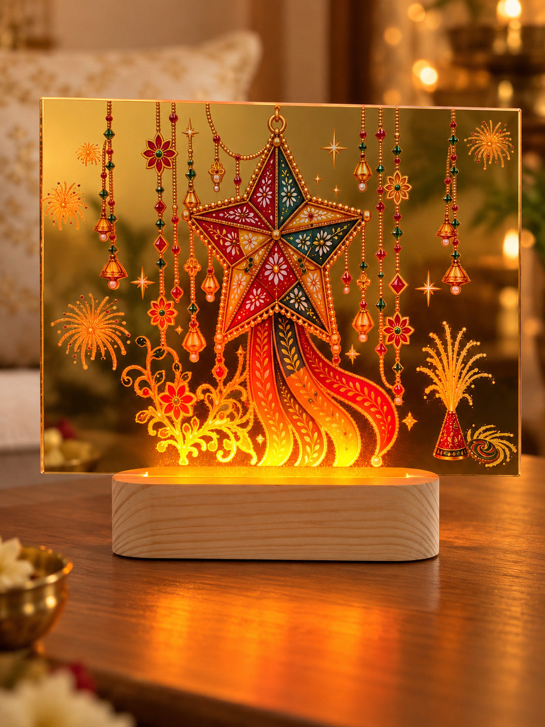 Star-shaped kandeel LED tabletop decor with hanging ornament motifs and a wood-look base