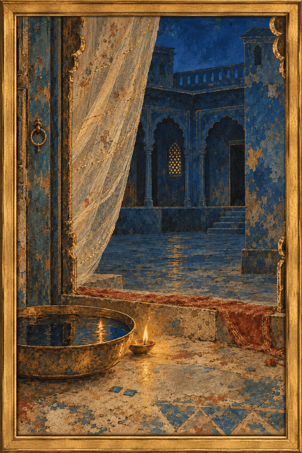A framed painting depicting an ornate courtyard at night with blue walls and arches, a draped curtain on the left, a reflective metal basin in the foreground, and a small lit oil lamp. The artwork is enclosed in a wide gold-toned frame.